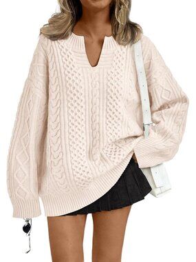 Women's Cream V Neck Fall Fashion Oversized Cable Knit Fall Outfits Sweaters